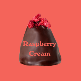 Organic date pralines with raspberry cream, dark chocolate coating, and fresh raspberries on top.