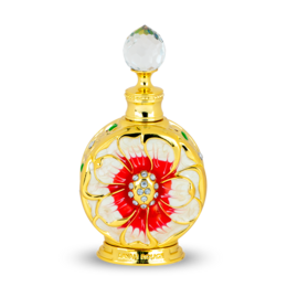 "Gold perfume bottle with red flower design, crystal stopper, luxurious Arabian fragrance"
