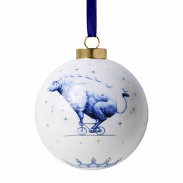 White ceramic round ball ornament with blue bull constellation design, gold metal cap, navy ribbon hanger