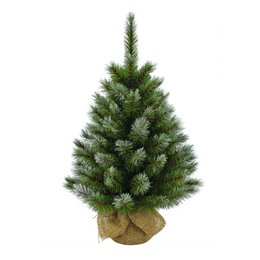 Tall, green, frosted artificial Christmas tree with a jute base, measuring 60 cm in height and 38 cm in diameter.