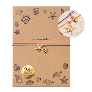 Bracelet on card - starfish and shell gold - sea noise - 24K gold-plated pendant - macrame - DIN A6 recycled card - maritime collection