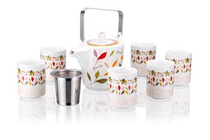 Theepot, zetgroep en 6 theekopjes Leaves, porseleinen geschenkdoos