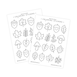  Cozy Autumn Coloring Stickers - A6 Sticker Sheet. Assorted leaf and nature-themed stickers in various shapes and designs, including leaves, acorns, and mushrooms, perfect for autumn-themed crafts and decorations.