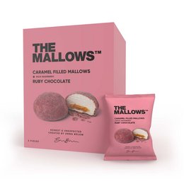 Caramel-filled marshmallows coated in ruby chocolate, a unique and indulgent treat.