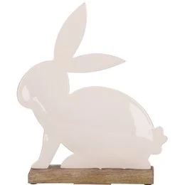 White metal rabbit figurine, standing pose, wooden base, decorative animal sculpture, modern minimalist style