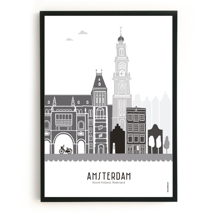 Poster skyline Amsterdam zwart-wit-grijs