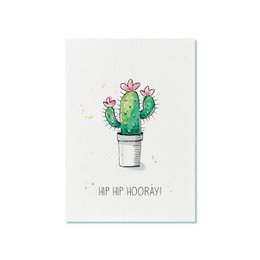 Colorful cactus illustration with text "Hip Hip Hooray!" on a birthday card.