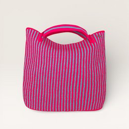  Pink magenta striped oval top handle bag with blue accents, large size handbag