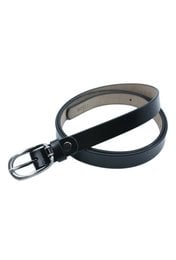 A black genuine leather belt with a silver-tone buckle. The belt is 750200 in size and is suitable for women.