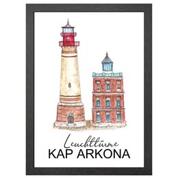 Framed poster featuring two lighthouses in Kap Arkona, Germany. The poster showcases the distinctive architectural styles of the lighthouses, with one being a tall, slender lighthouse and the other a more ornate, multi-story structure. The text "Leuchtturm Kap Arkona" (Lighthouse Kap Arkona) is included, providing context for the image.