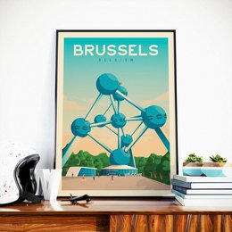 Vintage Brussels poster featuring the iconic Atomium structure, a landmark of the city. The poster showcases the modern, geometric design in shades of blue and green against a scenic background.