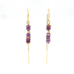 Elegant gold-tone ear climber earrings featuring a row of purple and burgundy beads.