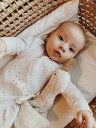  "Organic muslin baby kimono gown, newborn sleep sack with golden dots and silver stars, soft white and neutral tones"