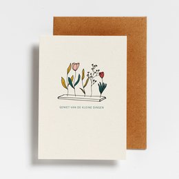 Postcard with floral illustration and text "Enjoy the small things".