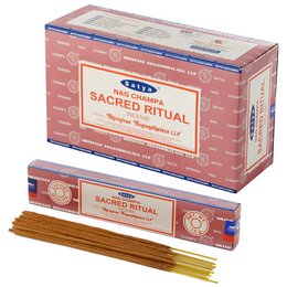 Satya VFM Sacred Ritual Nag Champa incense sticks, packaged in a rectangular box with a traditional Indian design. The incense sticks are made of natural ingredients and are intended for use in sacred rituals and meditation.