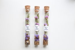 Trockenblumen Statice + Blumensamen in einer Flasche mit Aufkleber