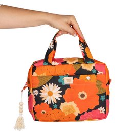 Large floral print makeup bag with zipper closure and tassel accent.