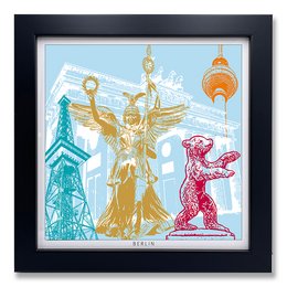 Black and white framed art print featuring iconic landmarks and symbols of Berlin, including the Victory Column, Berlin Cathedral, and the Berlin Bear statue.