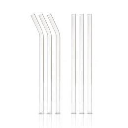 Set of 6 reusable glass straws, transparent in color, with a straight cylindrical shape.
