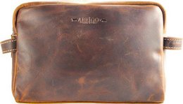 Leather toiletry bag in cognac, black, and dark brown colors. Rectangular shape with zipper closure and leather handles. Suitable for storing and organizing personal care items.