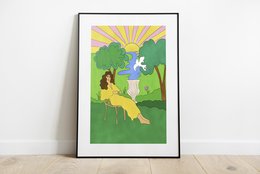 Colorful art print depicting a woman sitting in a garden with a sun, trees, and a unicorn. The print features vibrant colors and a whimsical, nature-inspired scene.