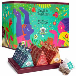 "Birthday Moments BIO 12 tea pyramids, a colorful and vibrant tea gift set featuring a variety of herbal teas in pyramid-shaped bags."