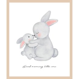  A sweet, pastel-colored illustration of a mother rabbit hugging her baby rabbit, with the text "Good morning little one" below. This image would be suitable for a children's room or nursery decor.