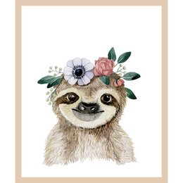  A whimsical illustration of a sloth wearing a floral crown, perfect for a kids room poster.