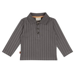  A gray striped baby polo shirt with a collared neckline and three buttons down the front. The shirt has a classic, casual style suitable for everyday wear.