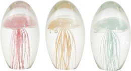 Set of 3 decorative glass paperweights in the shape of jellyfish with pink, yellow, and green tentacles.