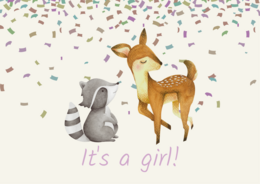 Greeting card featuring a deer and raccoon with confetti, celebrating the birth of a baby girl.