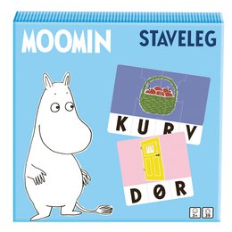  Moomin spelling game with colorful tiles featuring Moomin characters and words in Danish.