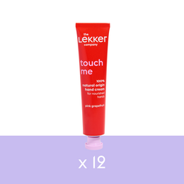  A pack of 12 hand creams with a soft, moisturizing formula. The product has a red tube packaging with the brand name "Lekker" and the product name "touch me" displayed prominently.