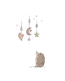  Whimsical Christmas card with a hedgehog and hanging moon, stars, and heart decorations.