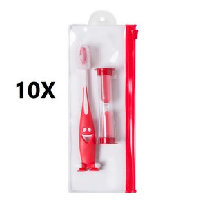 10 X RED JUNIOR SET - TOOTHBRUSH AND SAND CLOCK 2 MINUTES - 8 x 20 x 2 cm