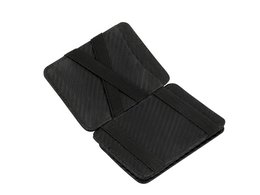 Black carbon fiber RFID-blocking wallet with multiple card slots and compartments for storing cash and coins.