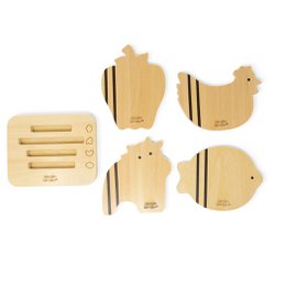  This set of 4 wooden cutting boards features a variety of shapes, including a fish, chicken, and other animal-inspired designs. The boards are made of natural wood with black stripes for an attractive, rustic look. These cutting boards would be suitable for use in a kitchen or dining room.
