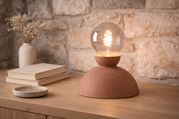 A modern table lamp with a red nature-inspired design, serving as both a sculpture and a light source.