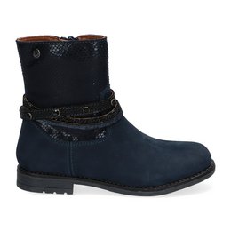 Dark blue kids' ankle boots with textured details and a buckle strap. Suitable for casual wear.