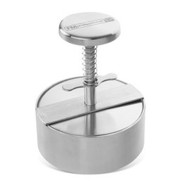 Stainless steel burger press with a durable, inoxydable design. Allows for consistent patty sizes of 100-400g. Dimensions of 11cm x 14cm.