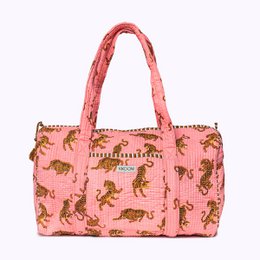  Handmade cotton weekend bag in pink with gold tiger print design.