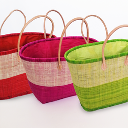  Handmade rabane basket with pouch in various colors including Ivato Vert Anis, Ivato Fuchsia, Ivato rouge, Ivato safran, Ivato orange, and Ivato turquoise. The basket is made of natural materials and features a unique woven design with leather handles.