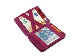 Raspberry-colored RFID-blocking wallet with multiple card slots and compartments for cash and coins.