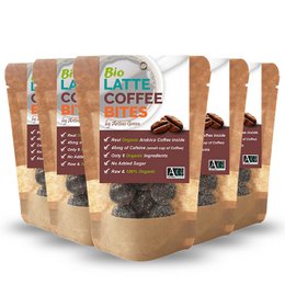Organic coffee-flavored snack bites made with natural ingredients. Contains coffee, oats, and dates. Available in 50-piece and 200-piece packs.
