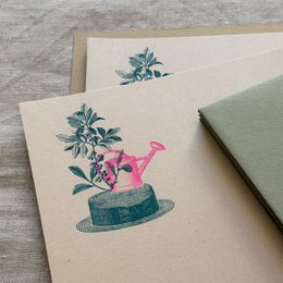  Cream notepad set with watering can and plant illustration, green natural design, A5 size stationery