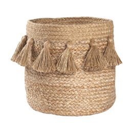 A round woven storage basket made of natural straw material with decorative tassels around the rim. The basket has a neutral, earthy tone and a textured, handcrafted appearance.