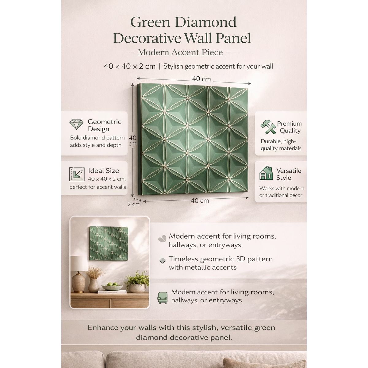 Panel ścienny z geometrycznym diamentem Green Diamond do nowoczesnego wystroju domu
