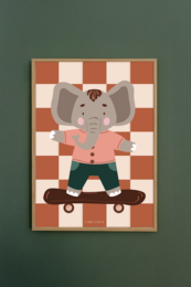 A colorful poster featuring a cartoon elephant wearing a pink shirt and riding a skateboard on a checkered background.