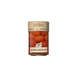 Organic datterini tomatoes in water - 370 ml Glass jar. Glass jar containing organic datterini tomatoes preserved in water.