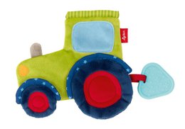 Plush green tractor toy with blue wheels and red accents. Soft, textured fabric with simple, playful design.